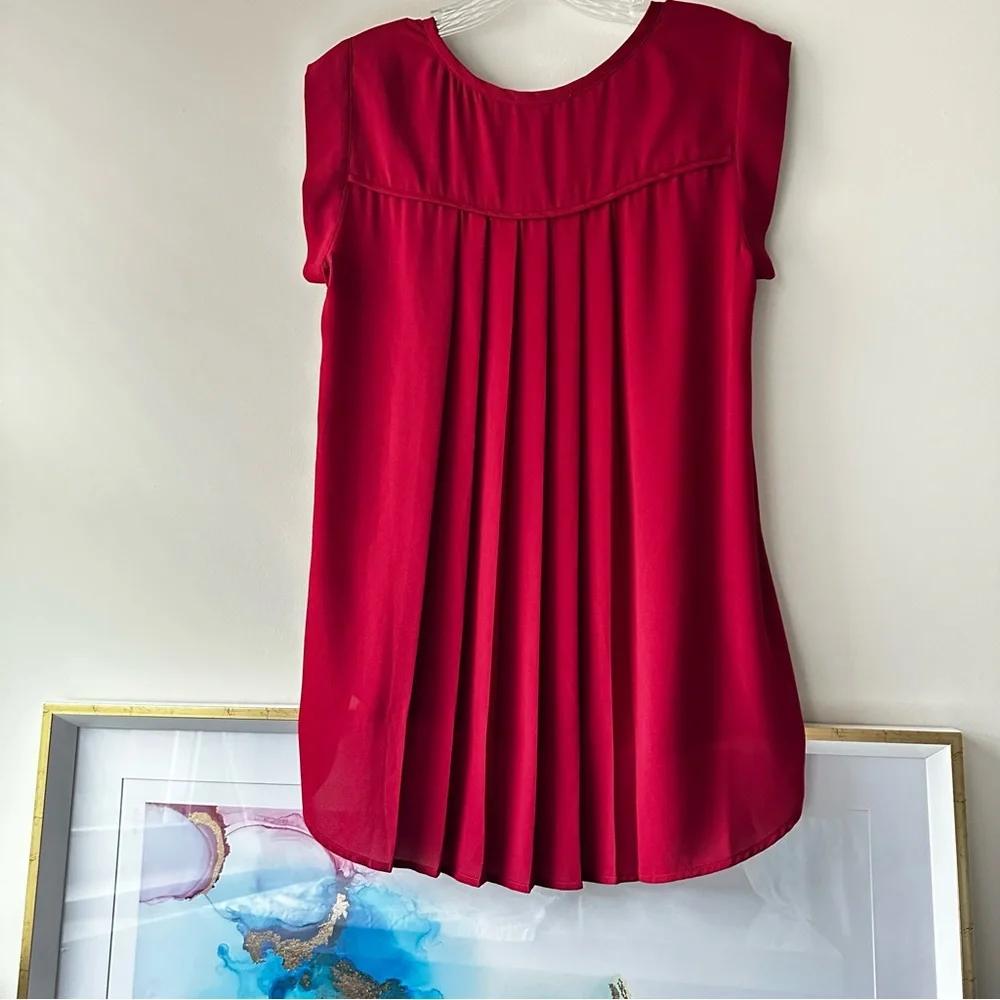 PLEIONE Top High Low flowy Short Sleeve Nordstrom Blouse Red Rucked Size SP - Picture 6 of 8